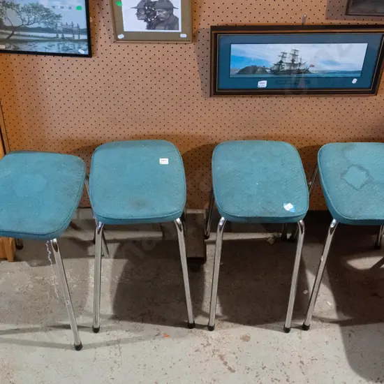 4x chrome leg and teal upholstered stools - significant marks to fabric