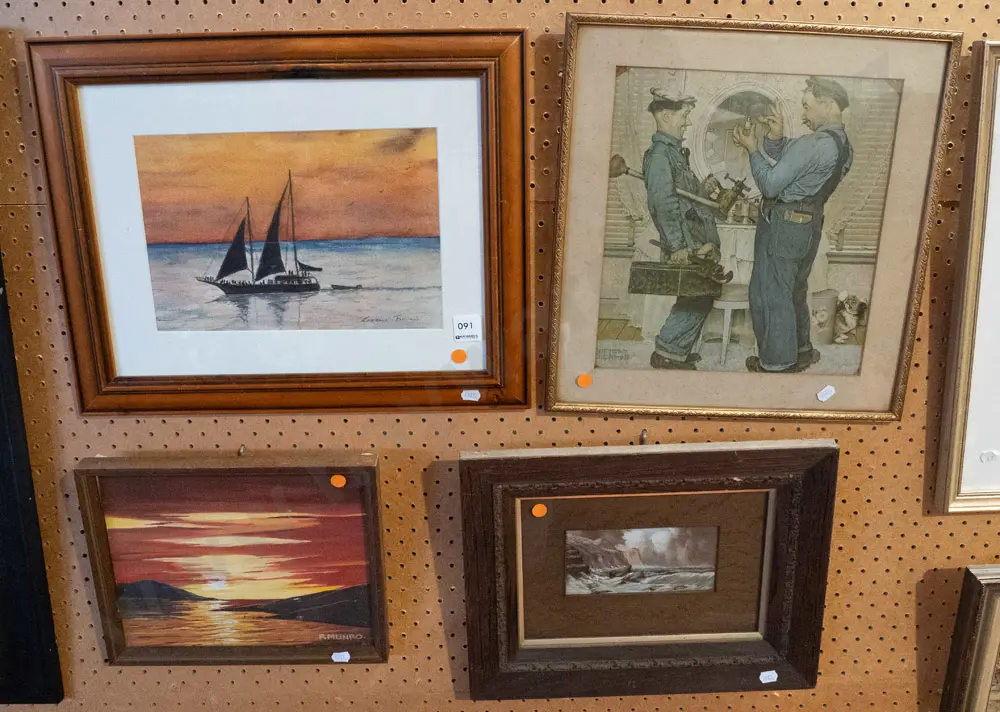 4x framed artworks - sailing boat, Norman Rockwell print, 2x landscapes - orange dots Image 1++