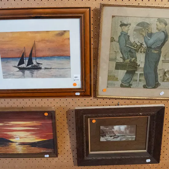 4x framed artworks - sailing boat, Norman Rockwell print, 2x landscapes - orange dots