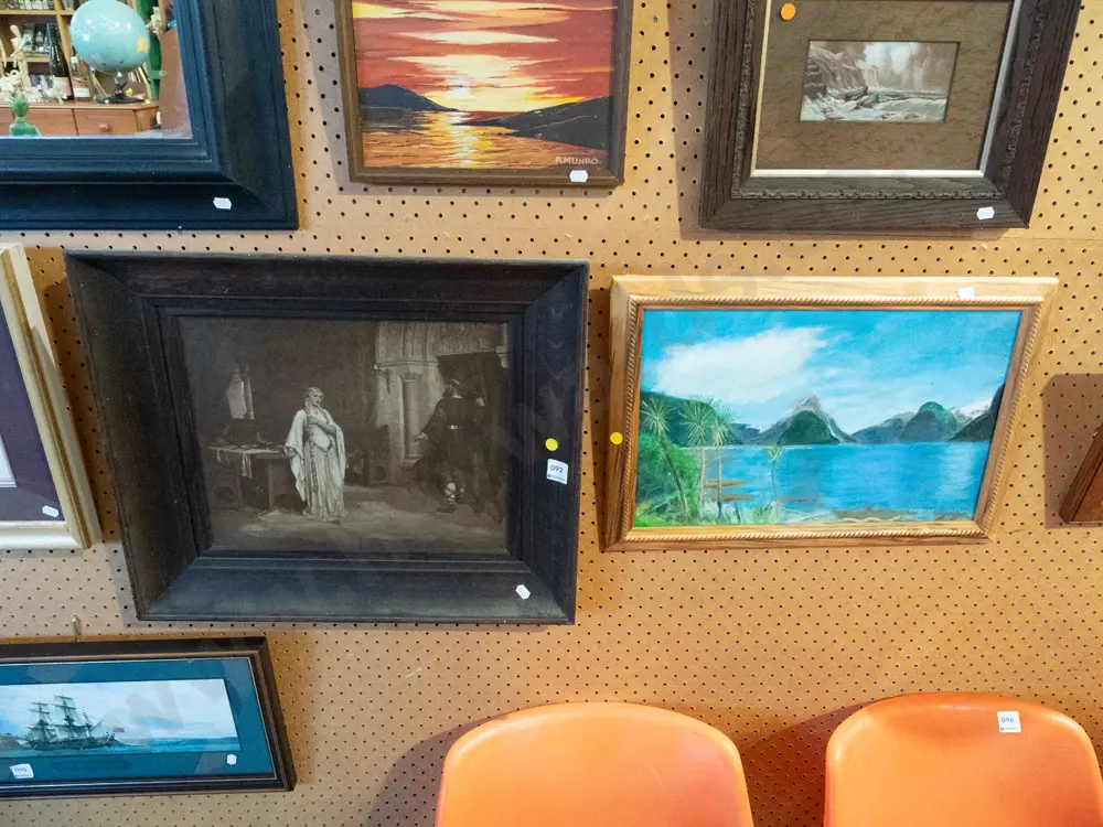 framed acrylic - lake and mountain scene, Lady Godiva print - yellow dots Image 1++