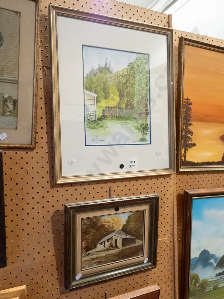 framed watercolour - gate, oil on board - stone cottage - black dots Image 1++