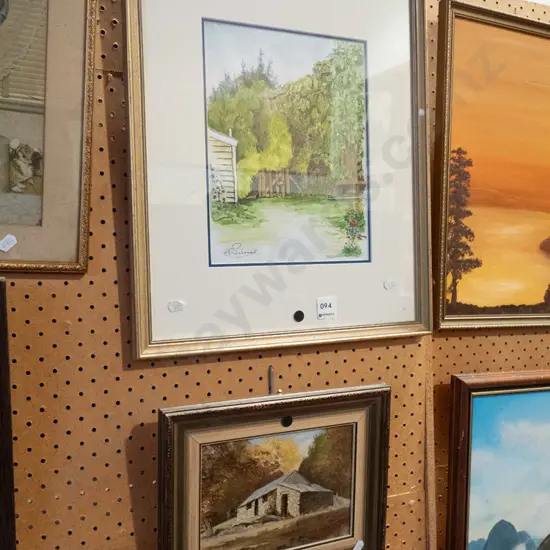 framed watercolour - gate, oil on board - stone cottage - black dots