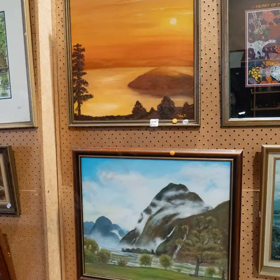 2x framed oils - landscapes - orange dots