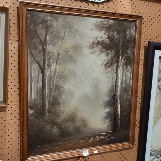 framed oil on board - track through forest