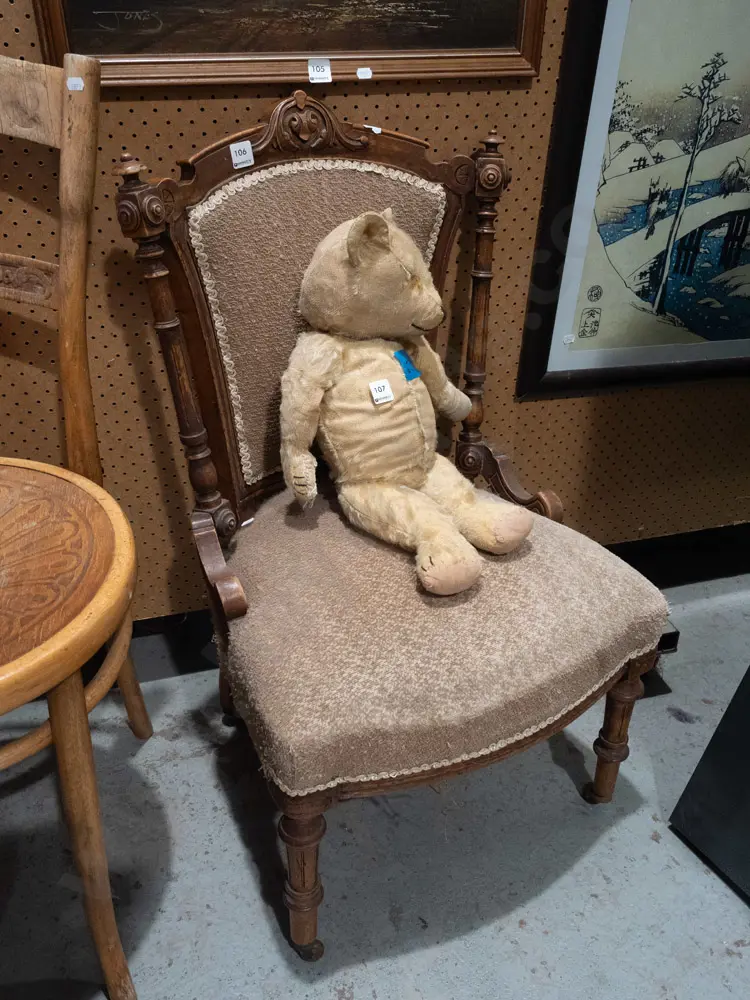 Victorian mahogany bedroom chair on casters - upholstery needs attention Image 1++