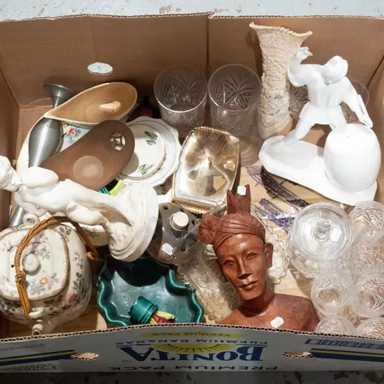 box; vases, crystal tumblers, teapot etc
