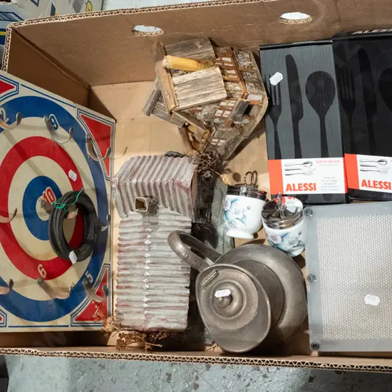 box; egg coddlers, cutlery, homemade model cottages, ring toss etc