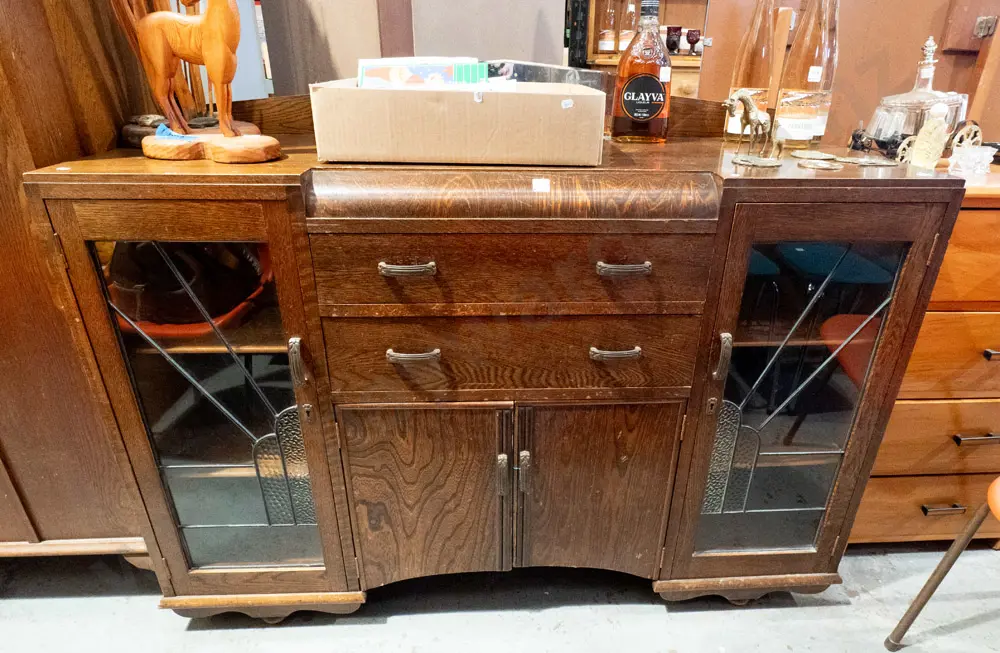 deco oak sideboard with 2x glazed leadlight doors, 2x solid doors, 2x drawers Image 1++
