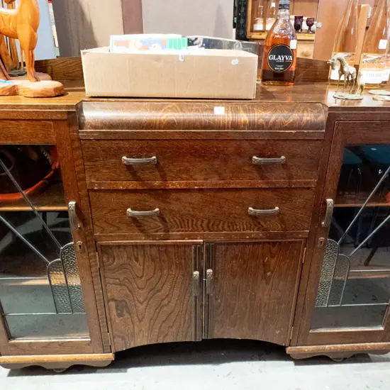 deco oak sideboard with 2x glazed leadlight doors, 2x solid doors, 2x drawers