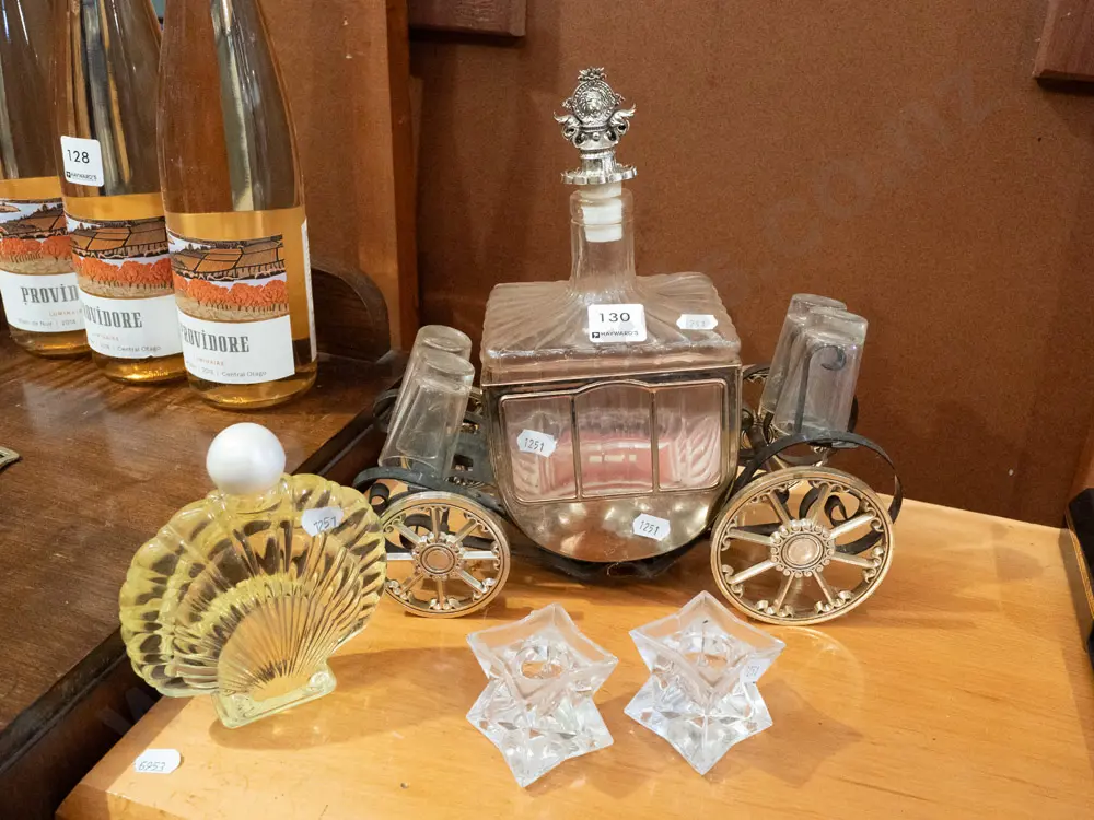 novelty coach decanter, bottle of bath oil, 2x crystal candlesticks Image 1++