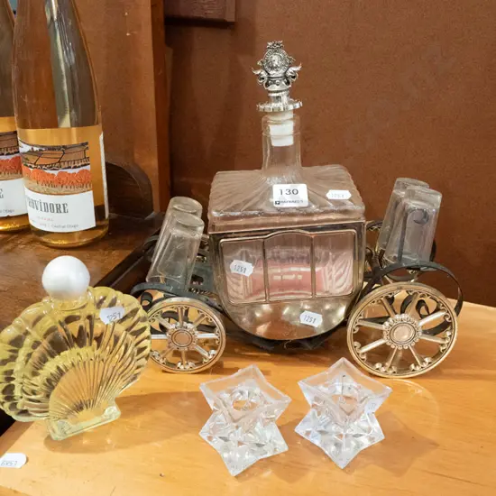 novelty coach decanter, bottle of bath oil, 2x crystal candlesticks