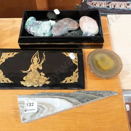 Indonesian lacquer trinket box, gem and polished stones