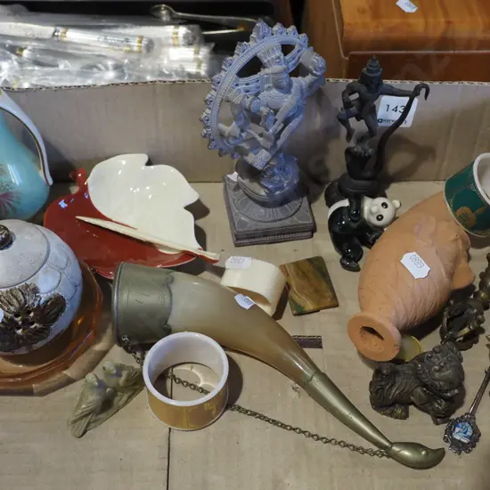 box; Carlton leaf dish, figurines, animal horn cup etc