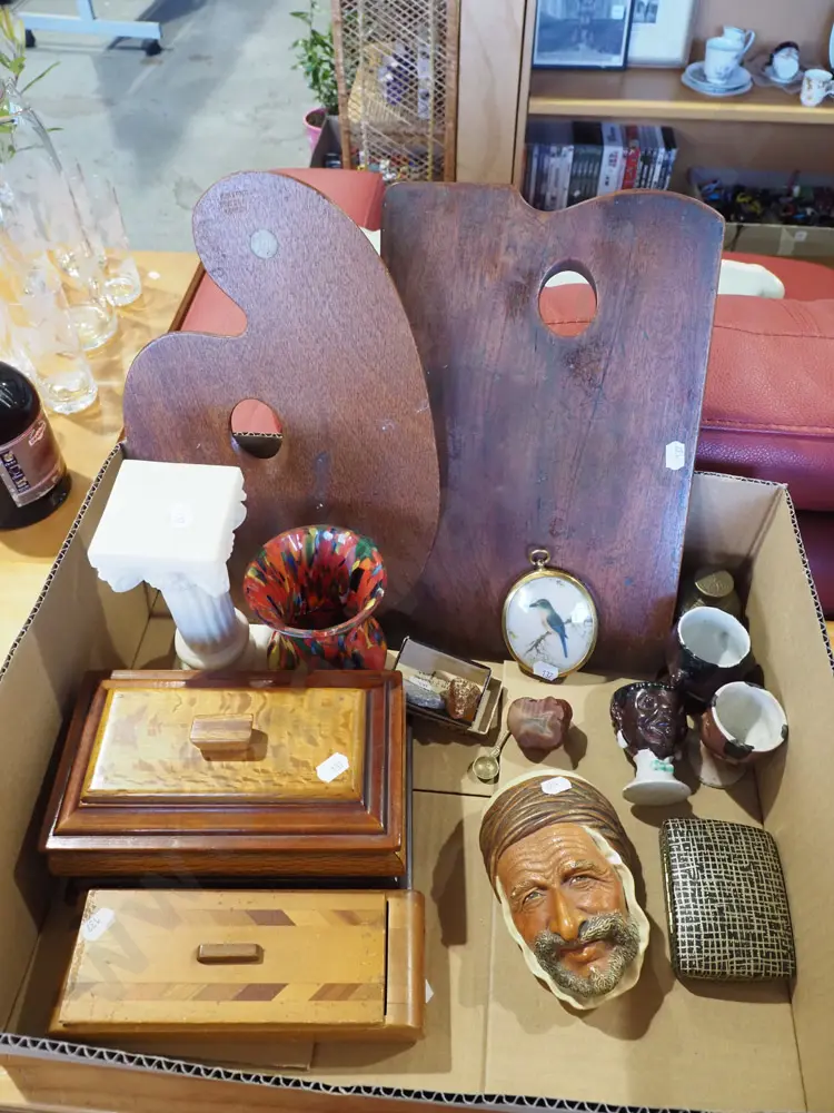 box; NZ native timbers trinket boxes, small Bossons head - chip, artist's pallettes, art glass vase etc Image 1++