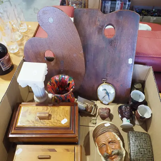box; NZ native timbers trinket boxes, small Bossons head - chip, artist's pallettes, art glass vase etc