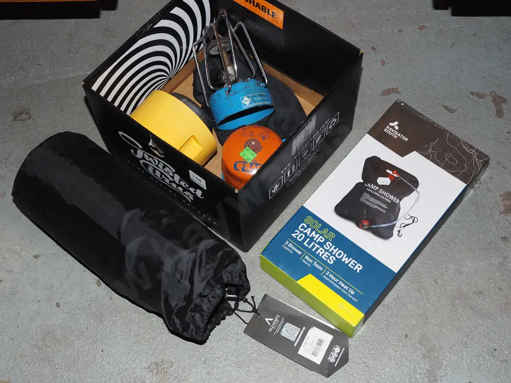box; camp shower, gas cooker, bed roll Image 1++