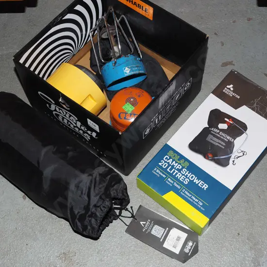 box; camp shower, gas cooker, bed roll
