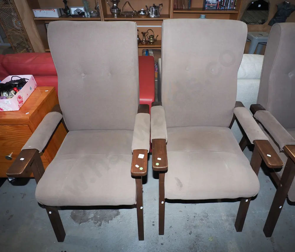 2x deep buttoned brown upholstered invalid's chairs- green dots Image 1++