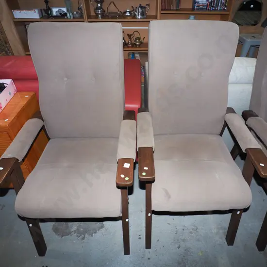 2x deep buttoned brown upholstered invalid's chairs- green dots