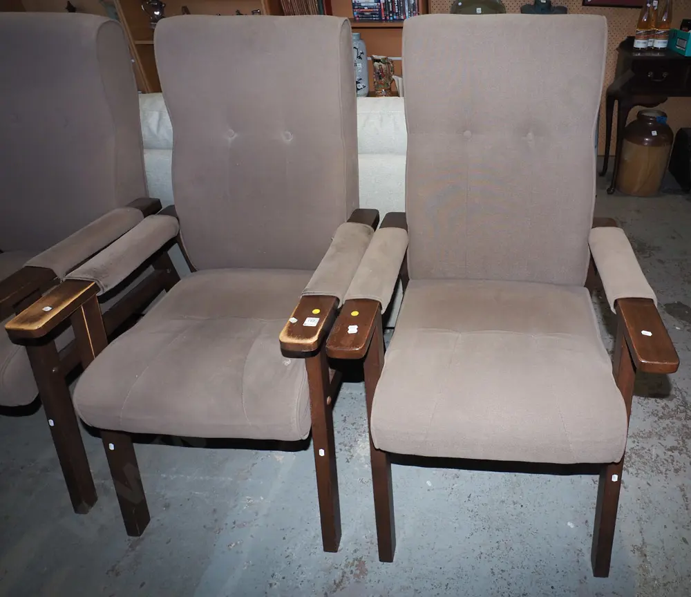 2x deep buttoned brown upholstered invalid's chairs - some wear to varnish - yellow dots Image 1++