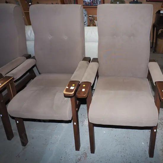 2x deep buttoned brown upholstered invalid's chairs - some wear to varnish - yellow dots