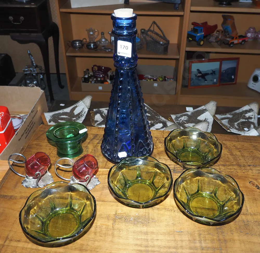 green glass bowls & vase - chip, ruby glass & plated open salts on stand, blue glass corked bottle H300 Image 1++