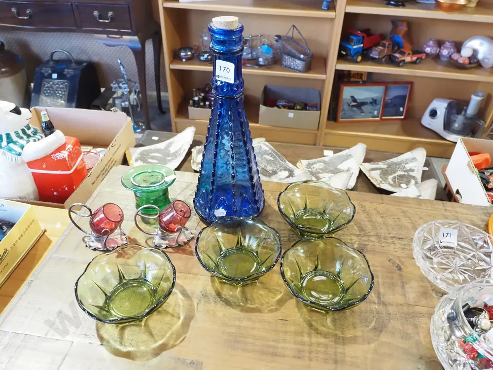 green glass bowls & vase - chip, ruby glass & plated open salts on stand, blue glass corked bottle H300 Image 1++