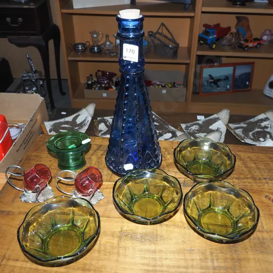 green glass bowls & vase - chip, ruby glass & plated open salts on stand, blue glass corked bottle H300