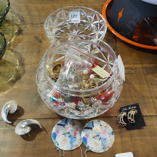 lidded glass cut crystal owl and costume jewellery