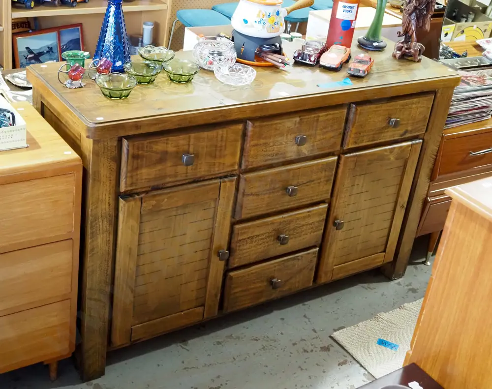 industrial style hardwood 2 door 6 drawer sideboard with cast metal handles H870 W14 D450 Image 1++