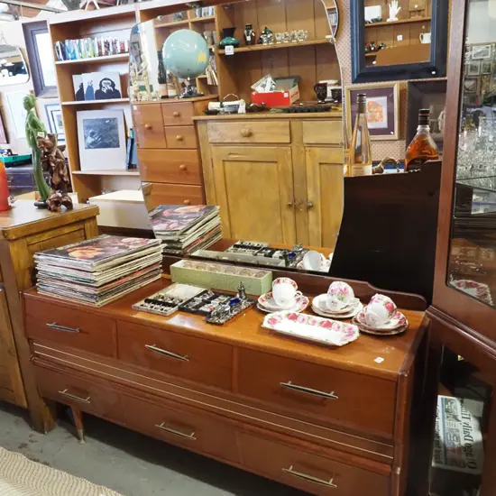 mid century mahogany 6 drawer mirror back dresser H1520 W1380 D400