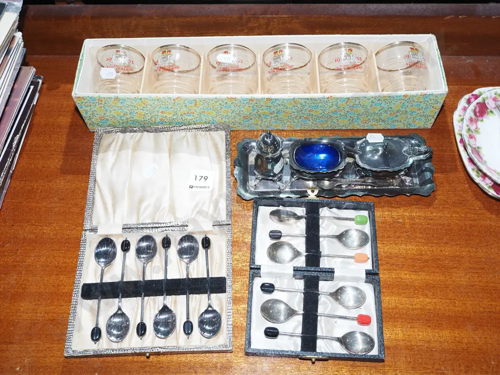 cased royal visit glasses, coffee spoons, plated condiment set Image 1++