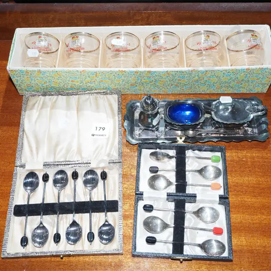 cased royal visit glasses, coffee spoons, plated condiment set