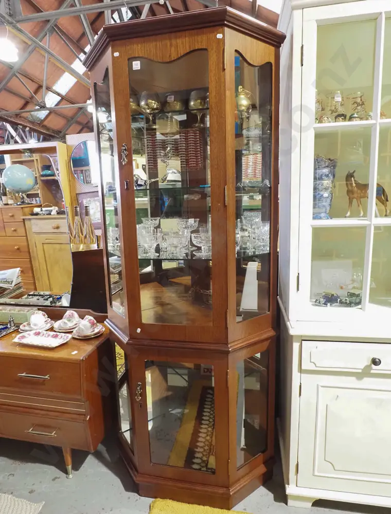 mahogany veneer  and mdf corner display cabinet with glazed sides and 2x glazed doors H1830 W790 D555 Image 1++