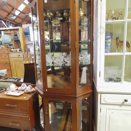mahogany veneer  and mdf corner display cabinet with glazed sides and 2x glazed doors H1830 W790 D555