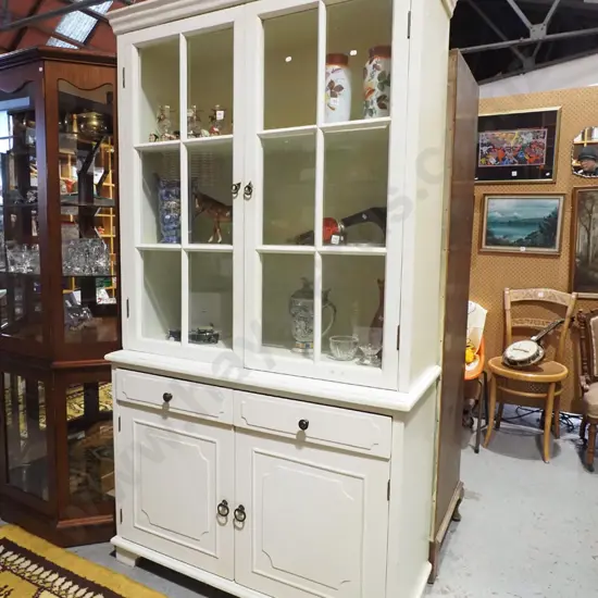 white painted wall unit with 2 solid and 2 glazed doors, 2 drawers - paint needs attention 
