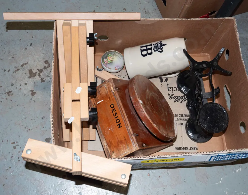 box; artists easel, large beer stein, part vintage scales etc Image 1++