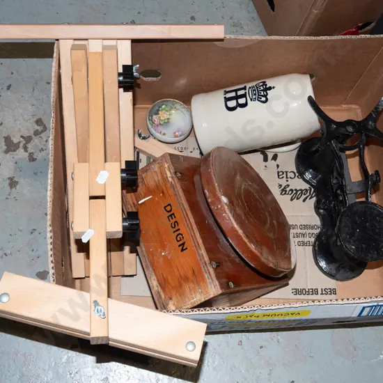 box; artists easel, large beer stein, part vintage scales etc