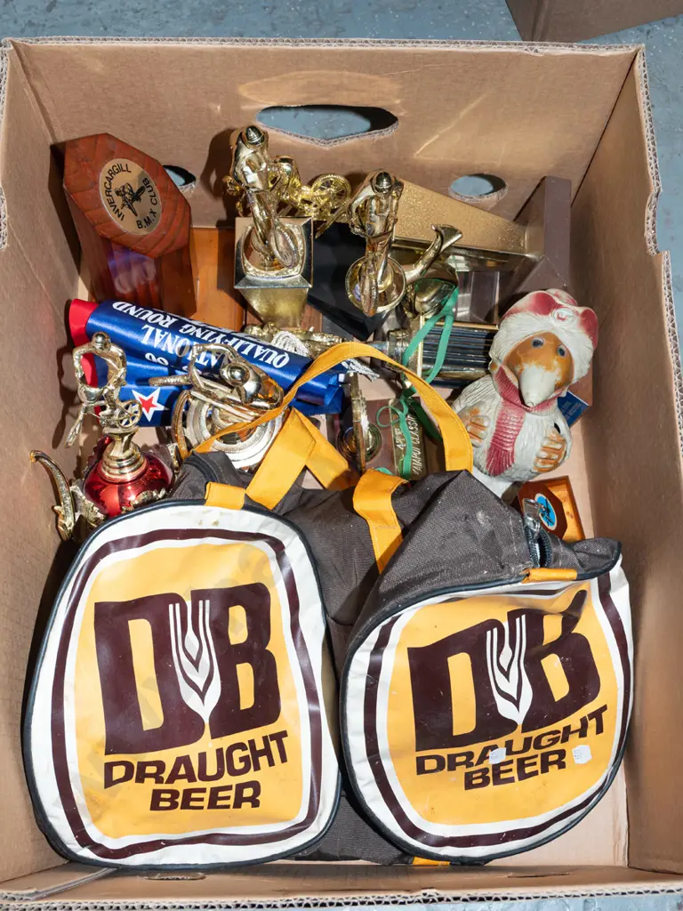 box; bmx trophies, plastic Womble, DB Draught holdall etc Image 1++