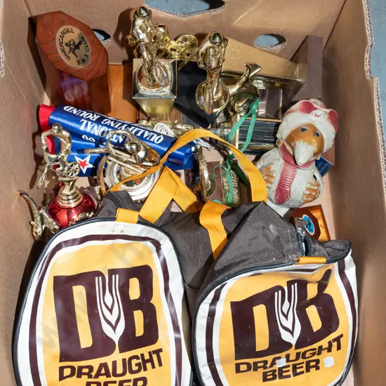 box; bmx trophies, plastic Womble, DB Draught holdall etc