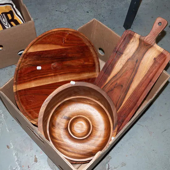 box; wooden serving boards, dolls etc
