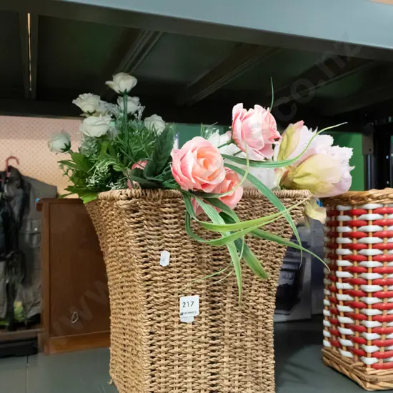 cane basket, seagrass basket and faux flowers