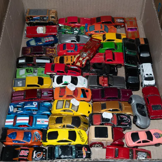 box of toy vehicles