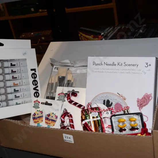 box; craft supplies, canvases, paint brushes, acrylics etc