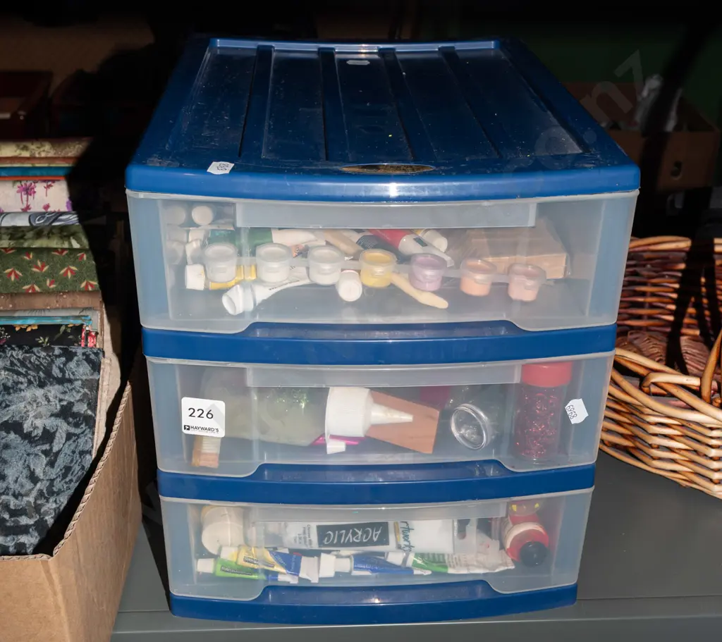 3 drawer plastic chest of acrylic paints, glitter, ribbons etc Image 1++