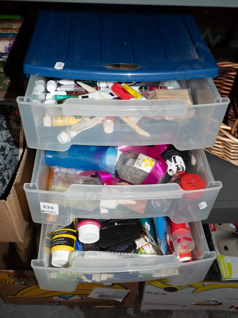 3 drawer plastic chest of acrylic paints, glitter, ribbons etc Image 1++