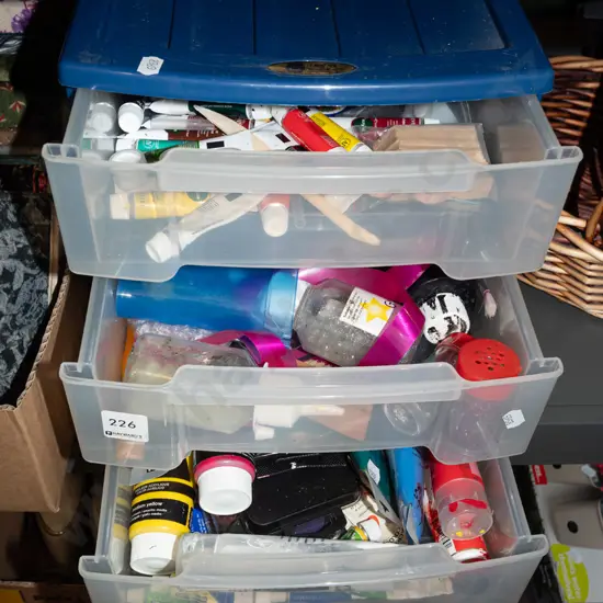 3 drawer plastic chest of acrylic paints, glitter, ribbons etc