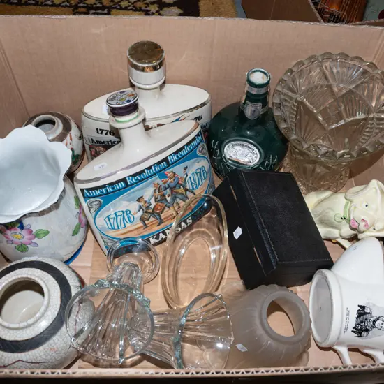 box; glass vases, lightshades, Jim Beam decanters etc