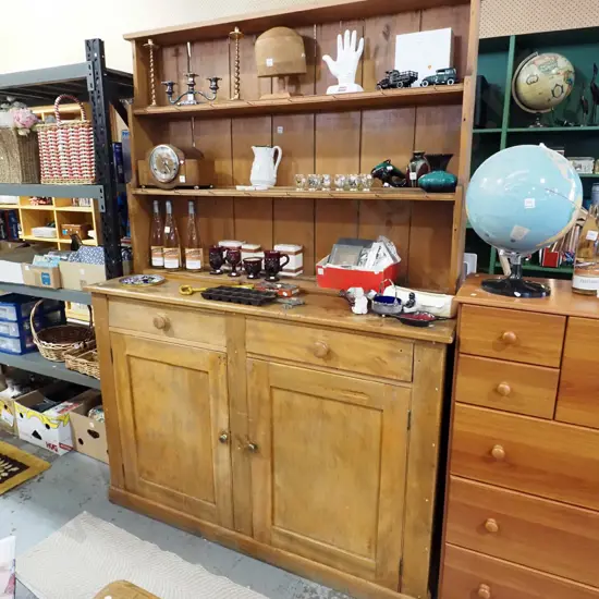 kauri Welsh dresser with 2 doors, 2 drawers, plate rack - some signs of borer