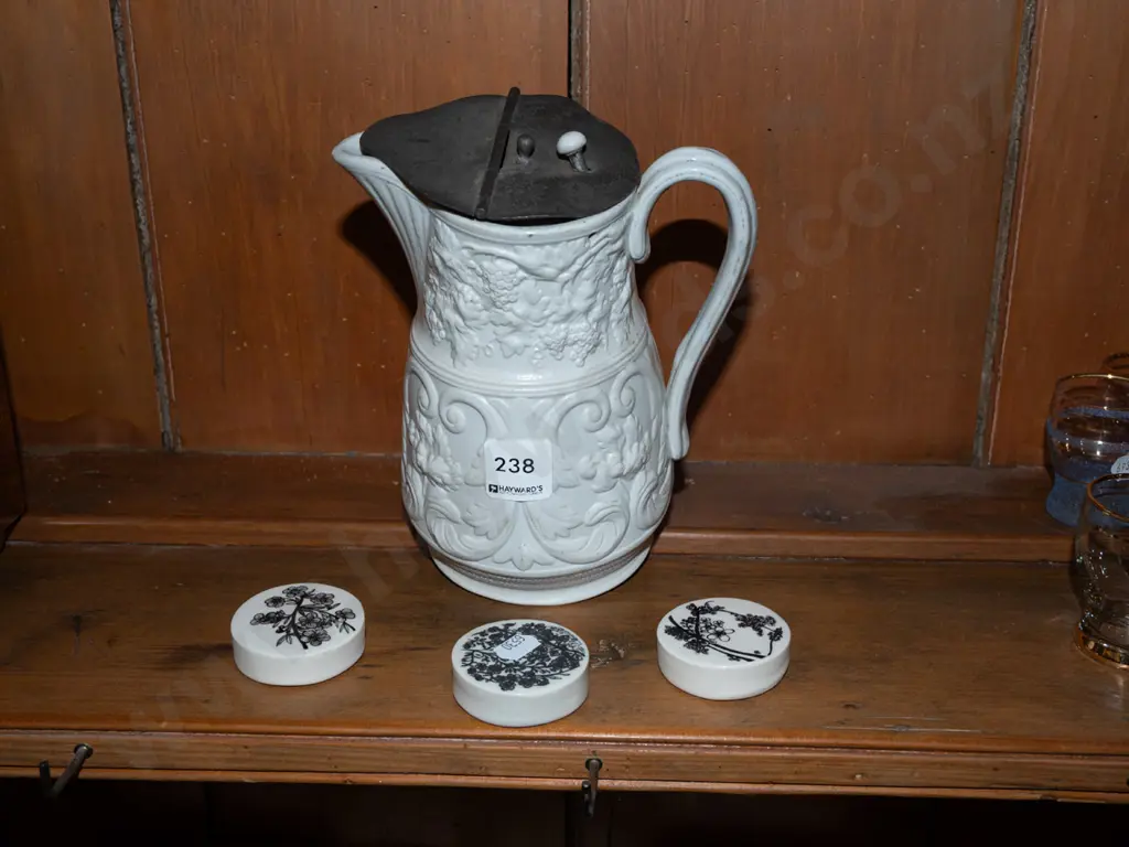 lidded water jug - needs attention, 3x small circular wall tiles Image 1++